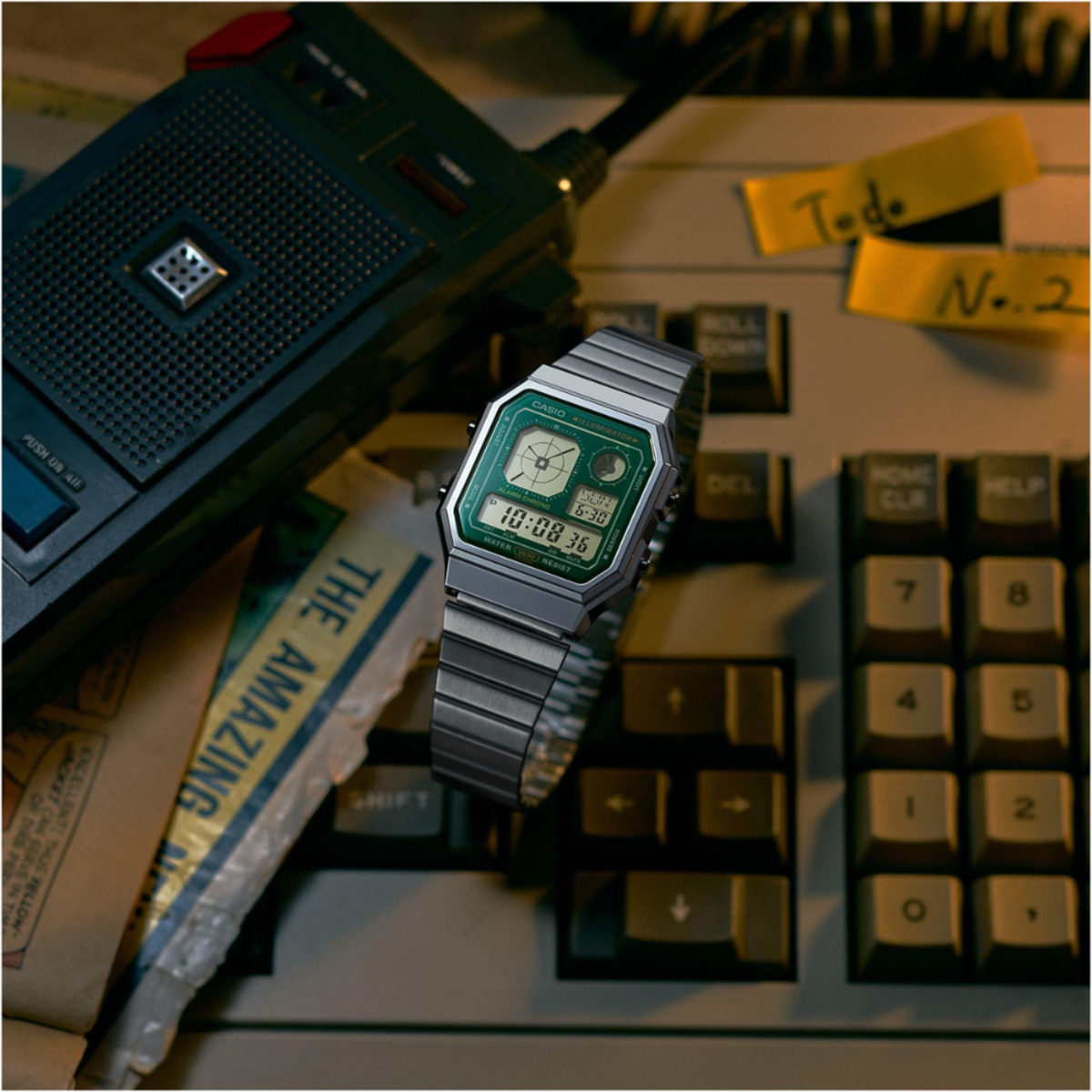 Casio General Vintage Digital Green Accent Hexagon Watch A130WE-3A