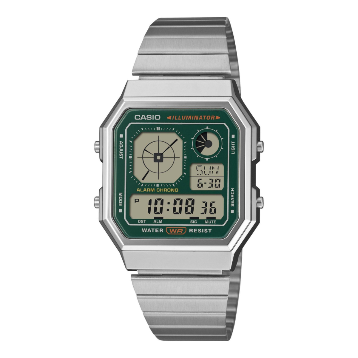 Casio General Vintage Digital Green Accent Hexagon Watch A130WE-3A