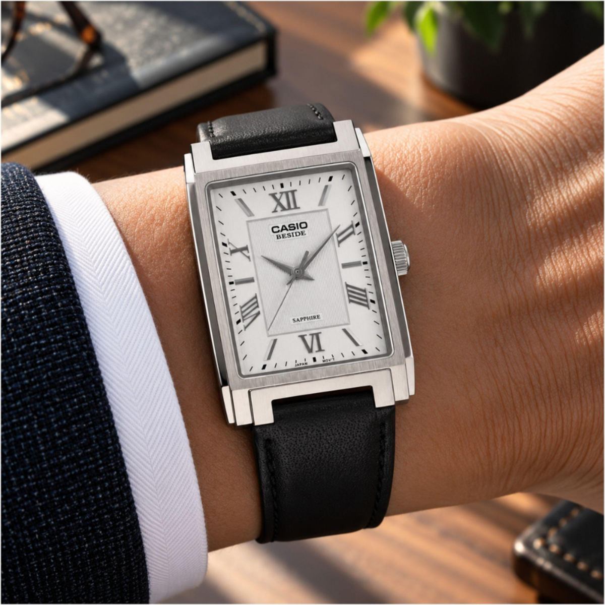 Casio Beside Cosmopolitan Rectangular Leather Watch BMS-105L-7A