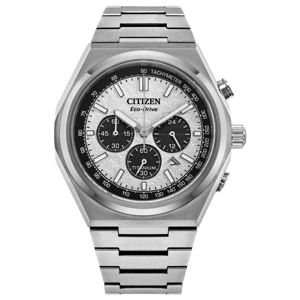 Citizen Forza CA4610-85A CA4610-85 Zenshin Eco-Drive Super Titanium Chronograph Silver Dial Watch