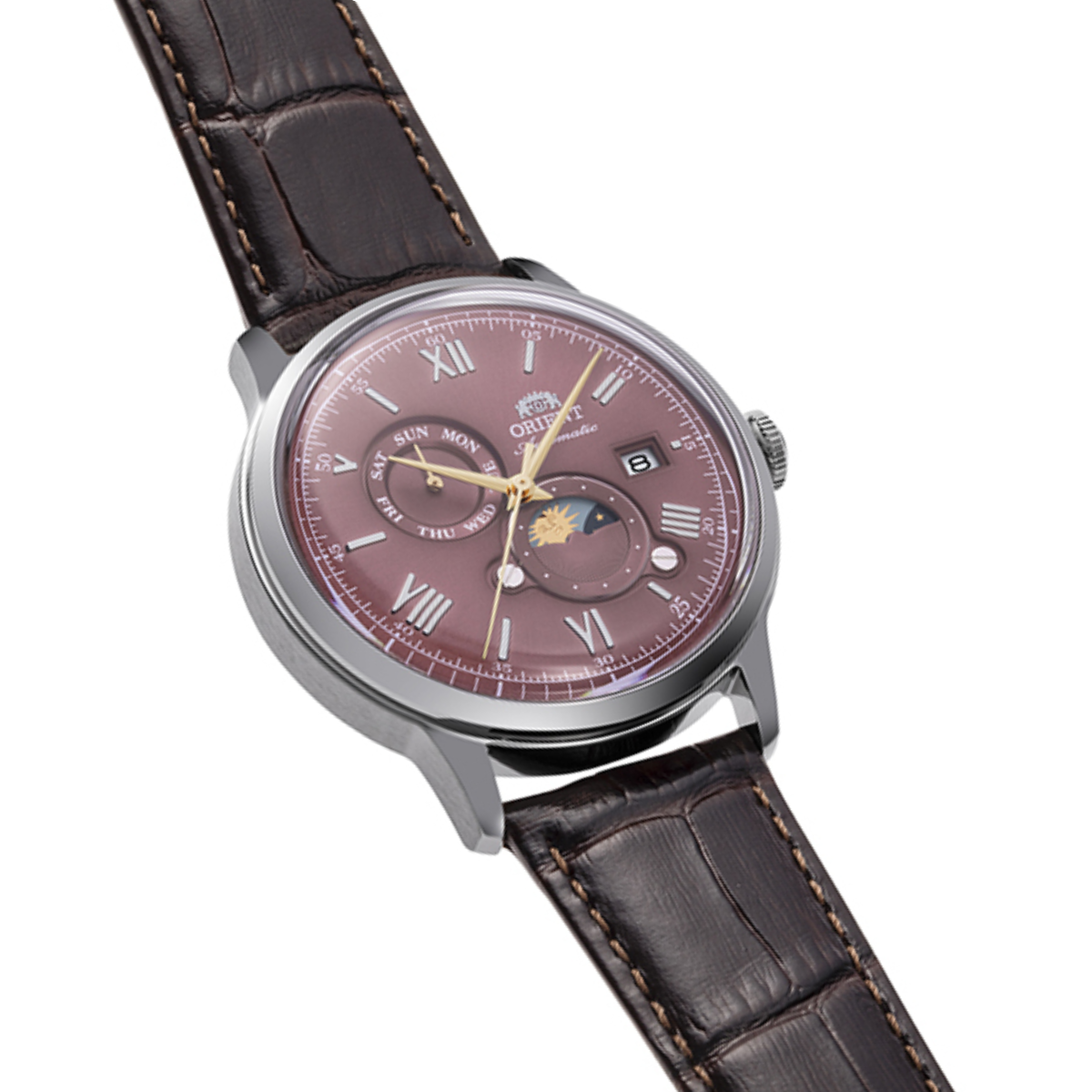 Orient Bambino Sun & Moon RA-AK0807R Classic Bordeaux Dial Mechanical Leather Watch