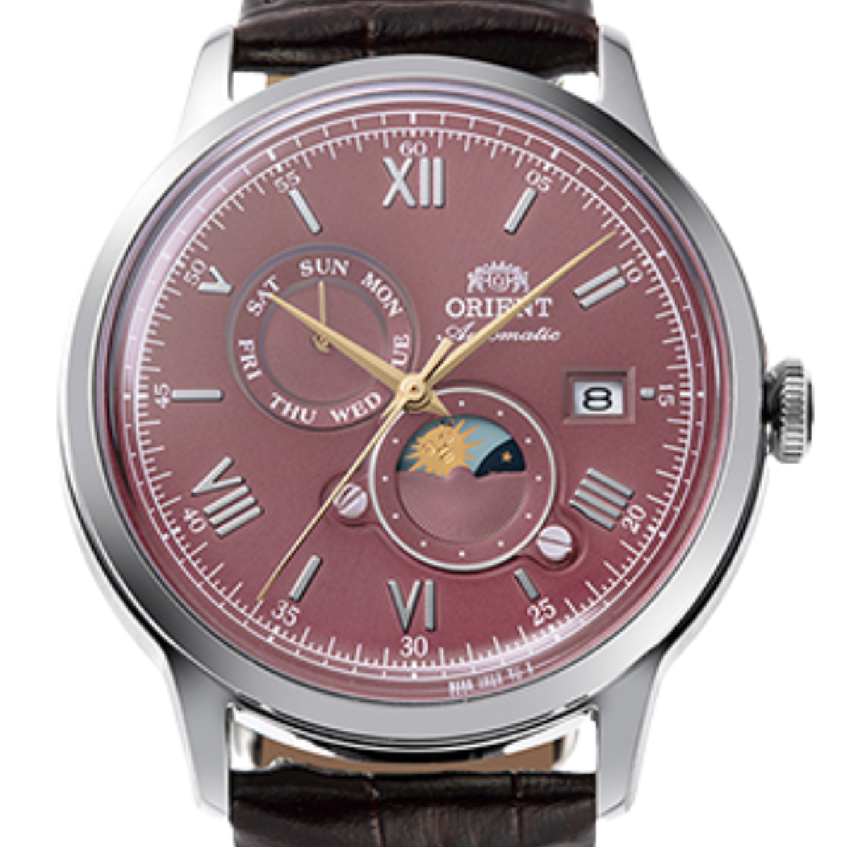 Orient Bambino Sun & Moon RA-AK0807R Classic Bordeaux Dial Mechanical Leather Watch