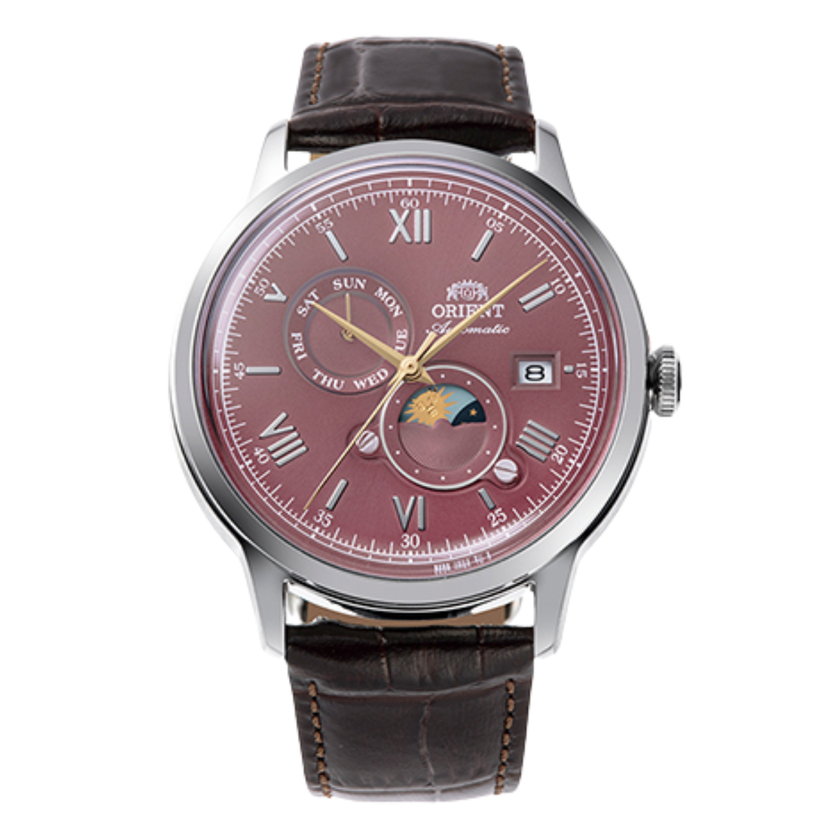 Orient Bambino Sun & Moon RA-AK0807R Classic Bordeaux Dial Mechanical Leather Watch