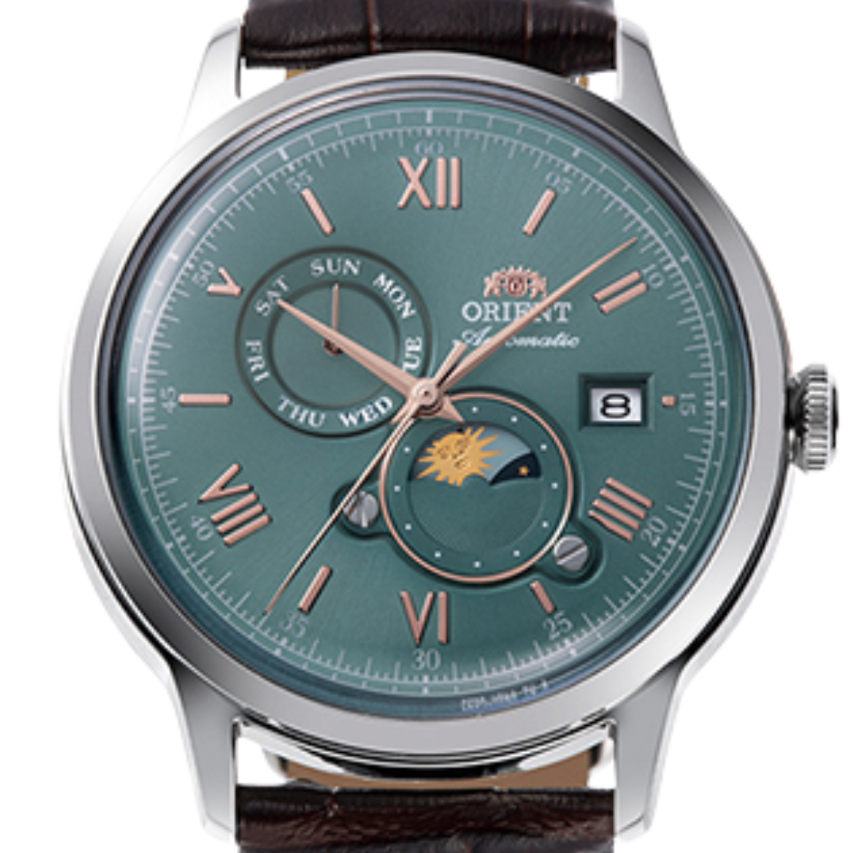 Orient Bambino Sun Moon RA-AK0805E Mechanical Green Dial Leather Watch