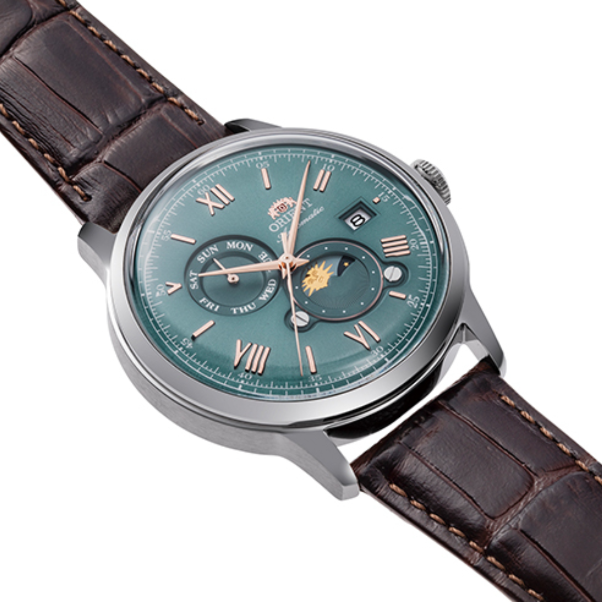 Orient Bambino Sun Moon RA-AK0805E Mechanical Green Dial Leather Watch
