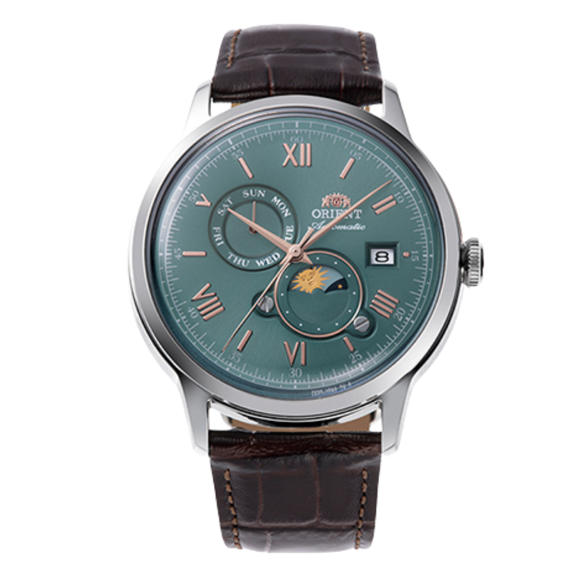 Orient Bambino Sun Moon RA-AK0805E Mechanical Green Dial Leather Watch