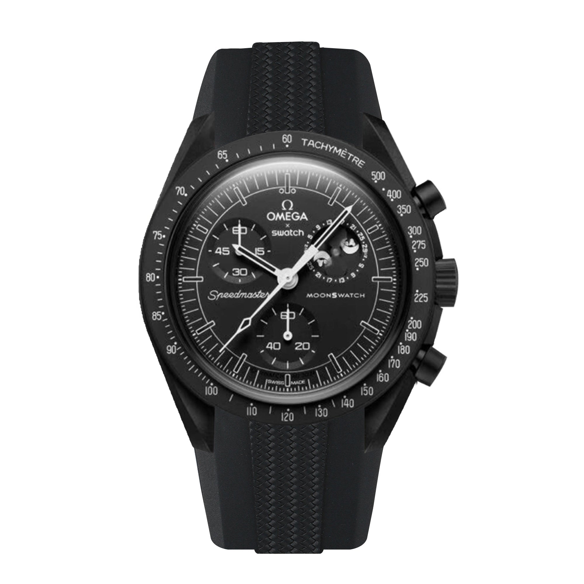 Weave Curved End Rubber Watch Band for Omega x Swatch Moonswatch - Mission to the Moonphase - New Moon - Dark Grey (2442)