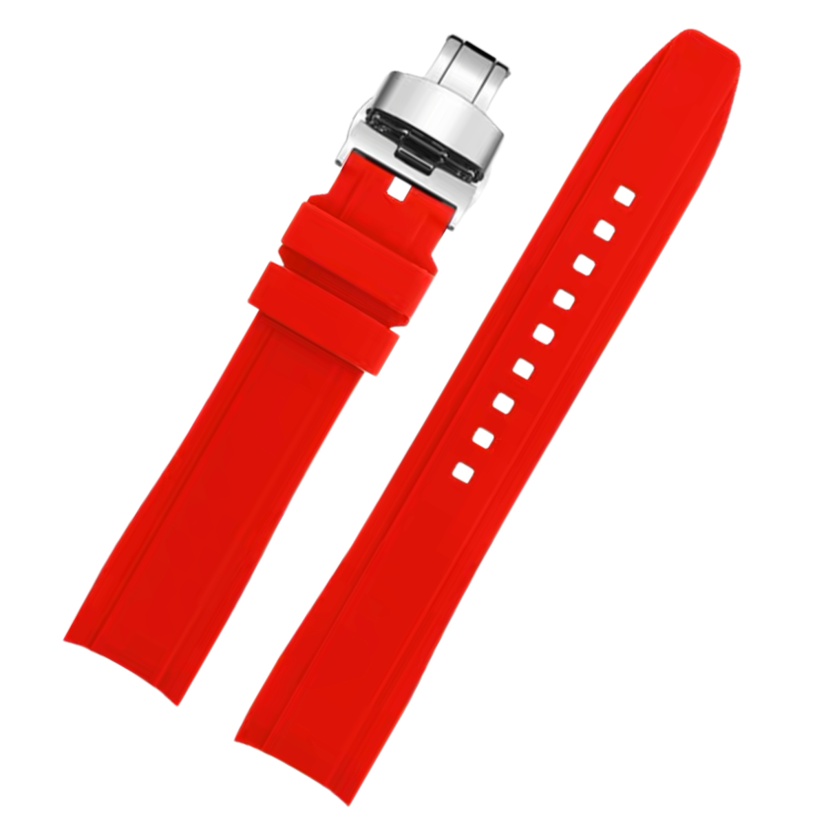 Dexter Silicone Curved Lug End Strap Red (Silver Deployment Clasp) (Rolex Replacement)