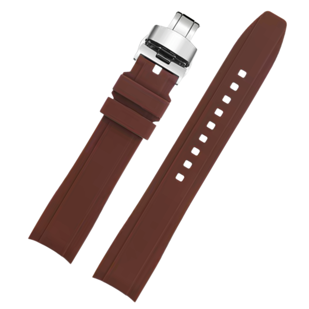 Dexter Silicone Curved Lug End Strap Brown (Silver Deployment Clasp) (Rolex Replacement)