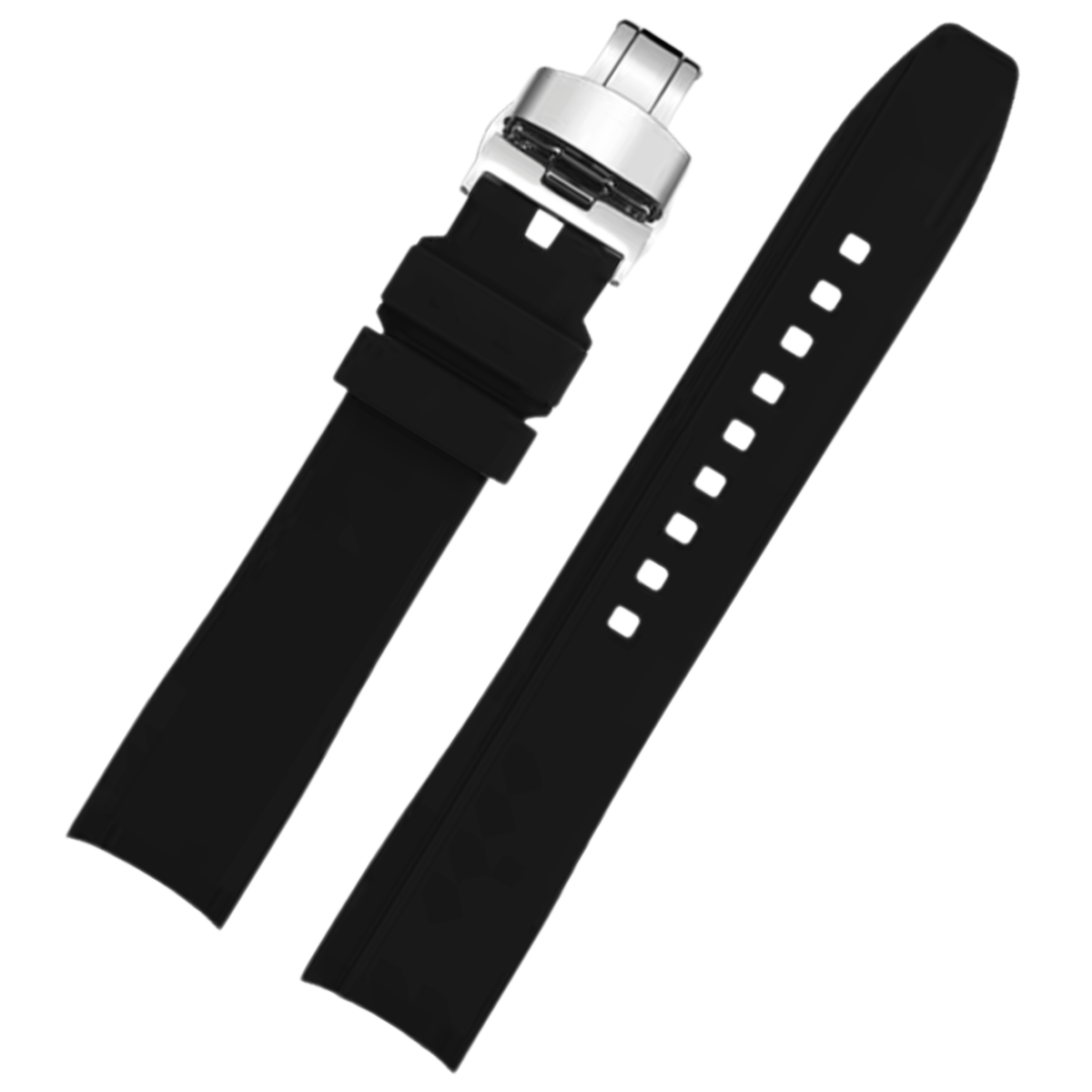 Dexter Silicone Curved Lug End Strap Black (Silver Deployment Clasp) (Rolex Replacement)