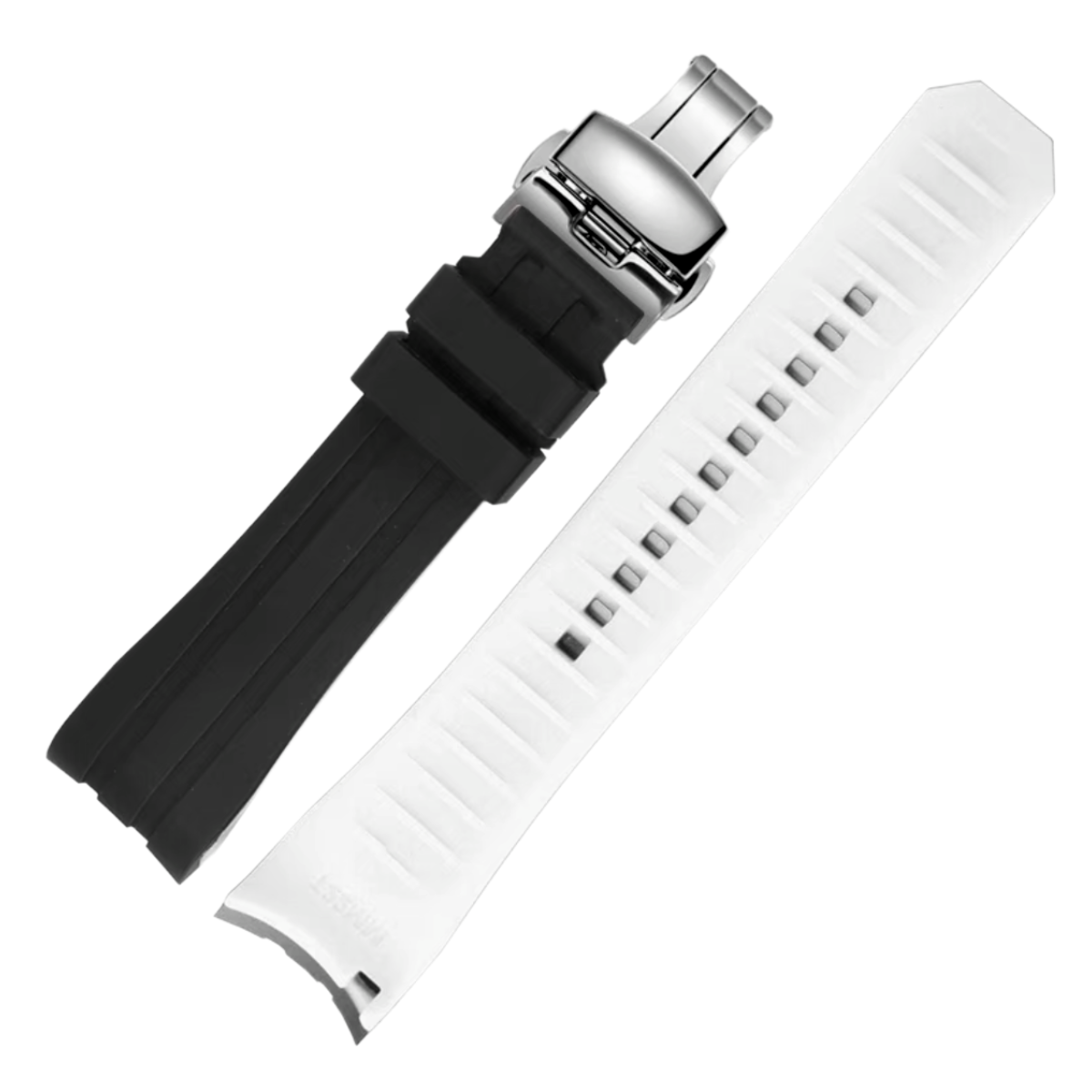 Ames Silicone Quick-Release Curved Lug End Strap Black White (Silver Deployment Clasp)