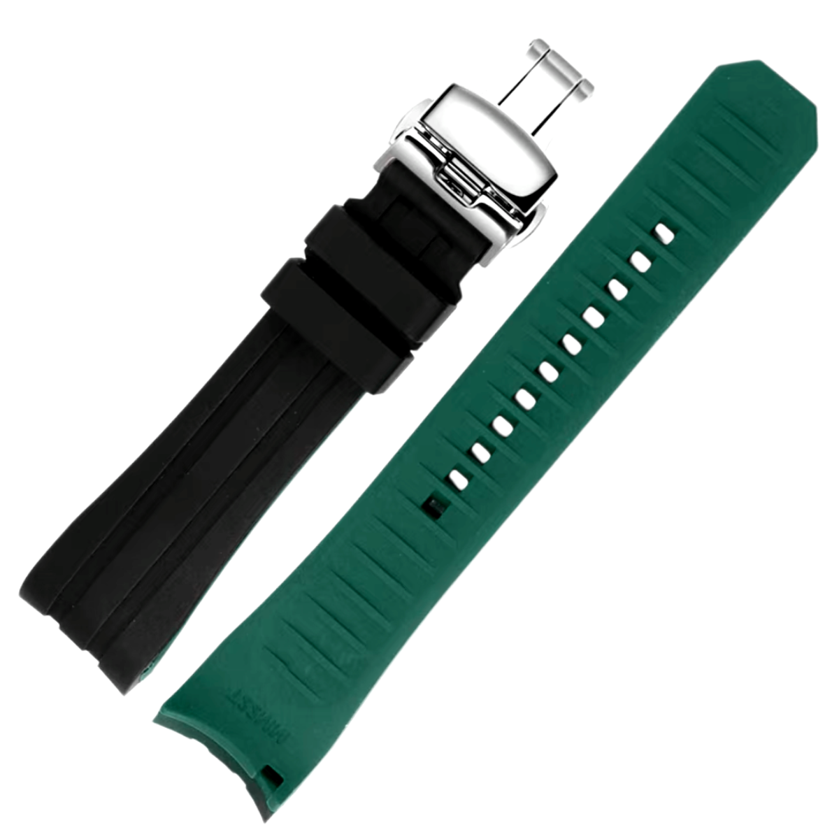 Ames Silicone Quick-Release Curved Lug End Strap Black Green (Silver Deployment Clasp)