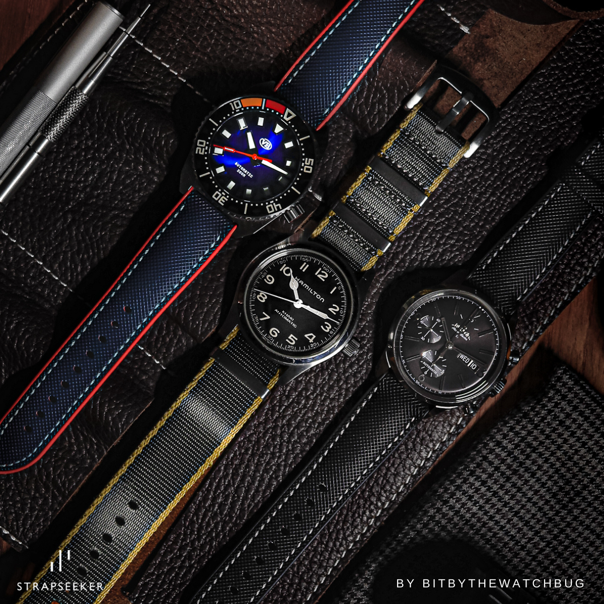 Theo Nylon & FKM Rubber Hybrid Performance Strap Blue Nylon White Stitch / Red FKM Rubber - Skywatches