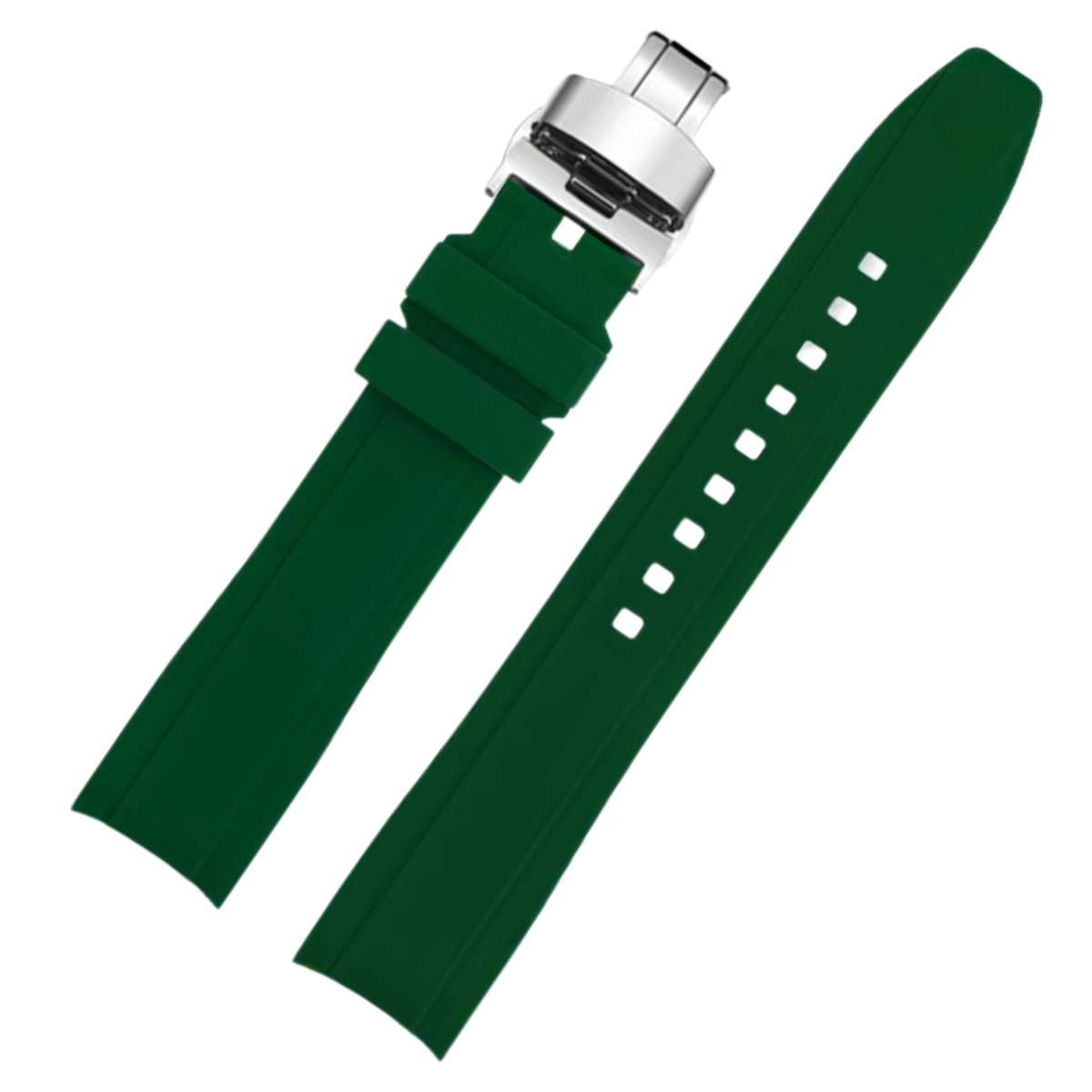 Dexter Silicone Curved Lug End Strap Green (Silver Deployment Clasp) (Rolex Replacement)