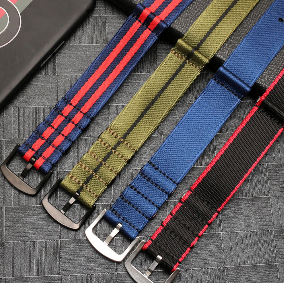 Seatbelt Ballistic Nylon NATO Watch Strap Blue with Red Stripe 