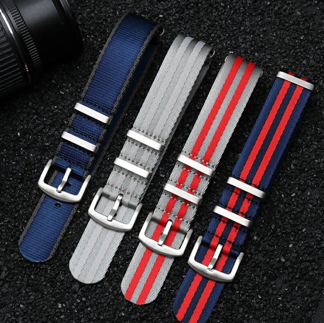 Seatbelt Ballistic Nylon NATO Watch Strap Black with Grey Stripe 