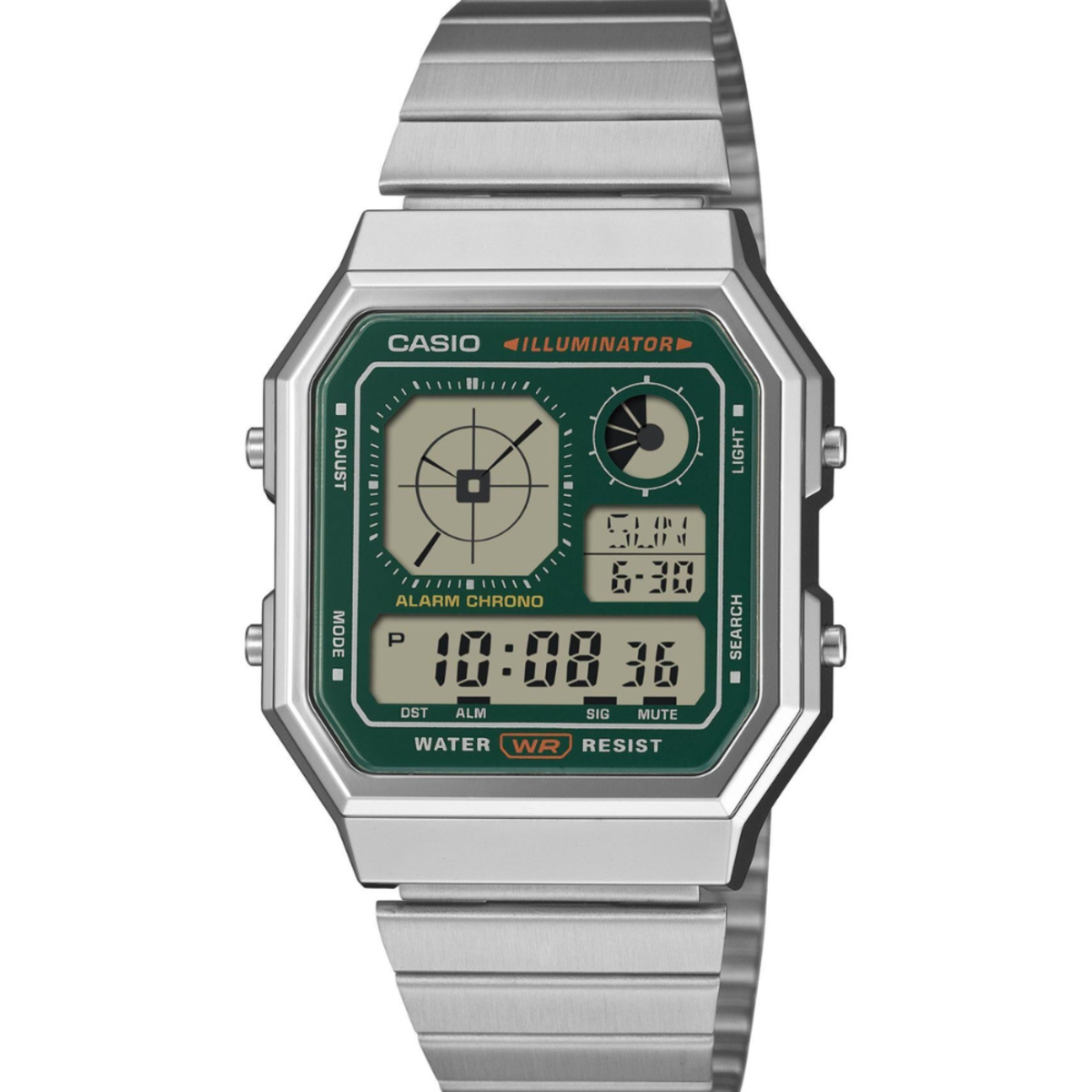 Casio General Vintage Digital Green Accent Hexagon Watch A130WE-3A