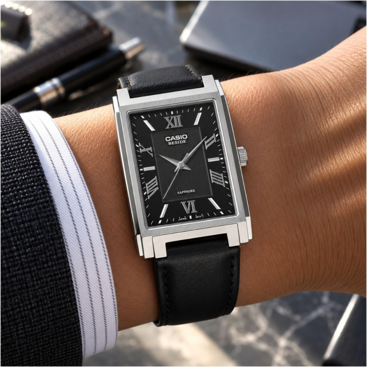 Casio Beside Cosmopolitan Rectangular Leather Watch BMS-105L-1A