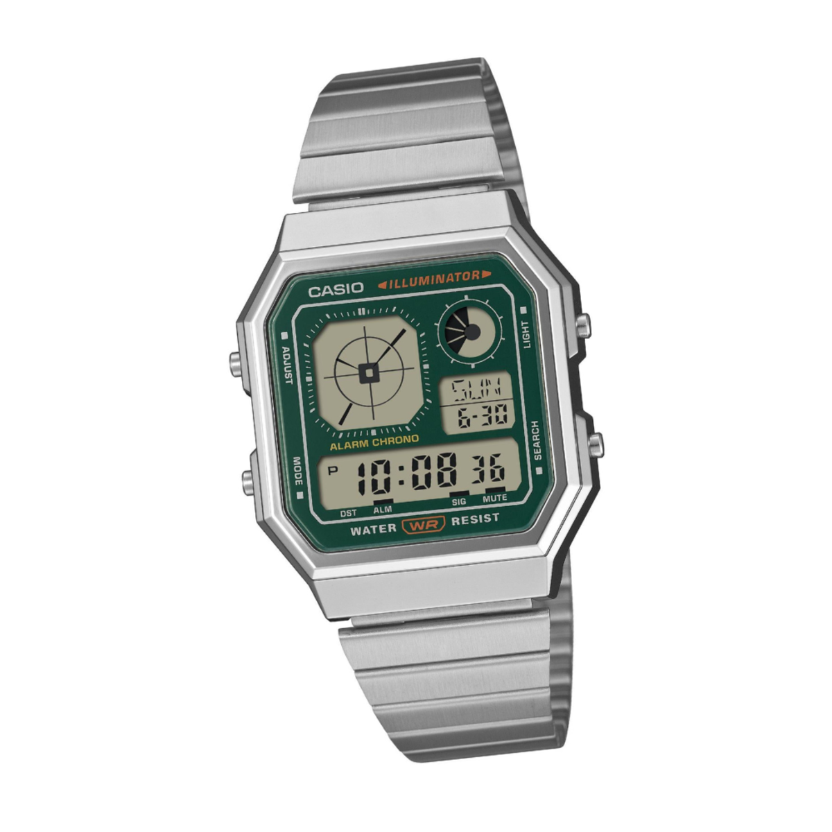 Casio General Vintage Digital Green Accent Hexagon Watch A130WE-3A
