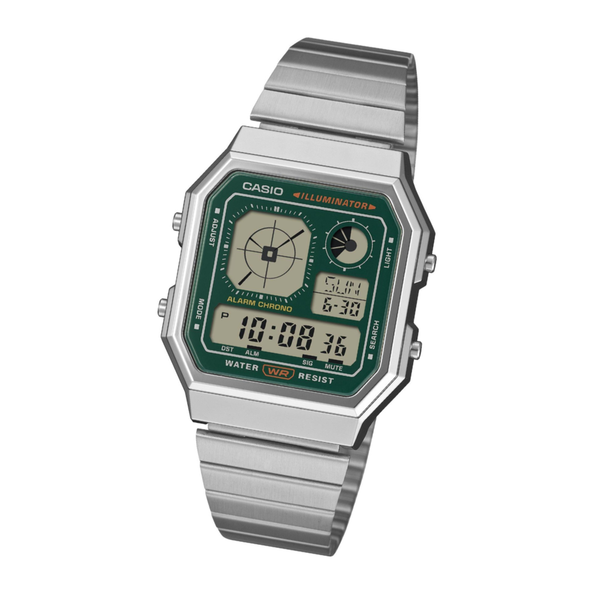 Casio General Vintage Digital Green Accent Hexagon Watch A130WE-3A