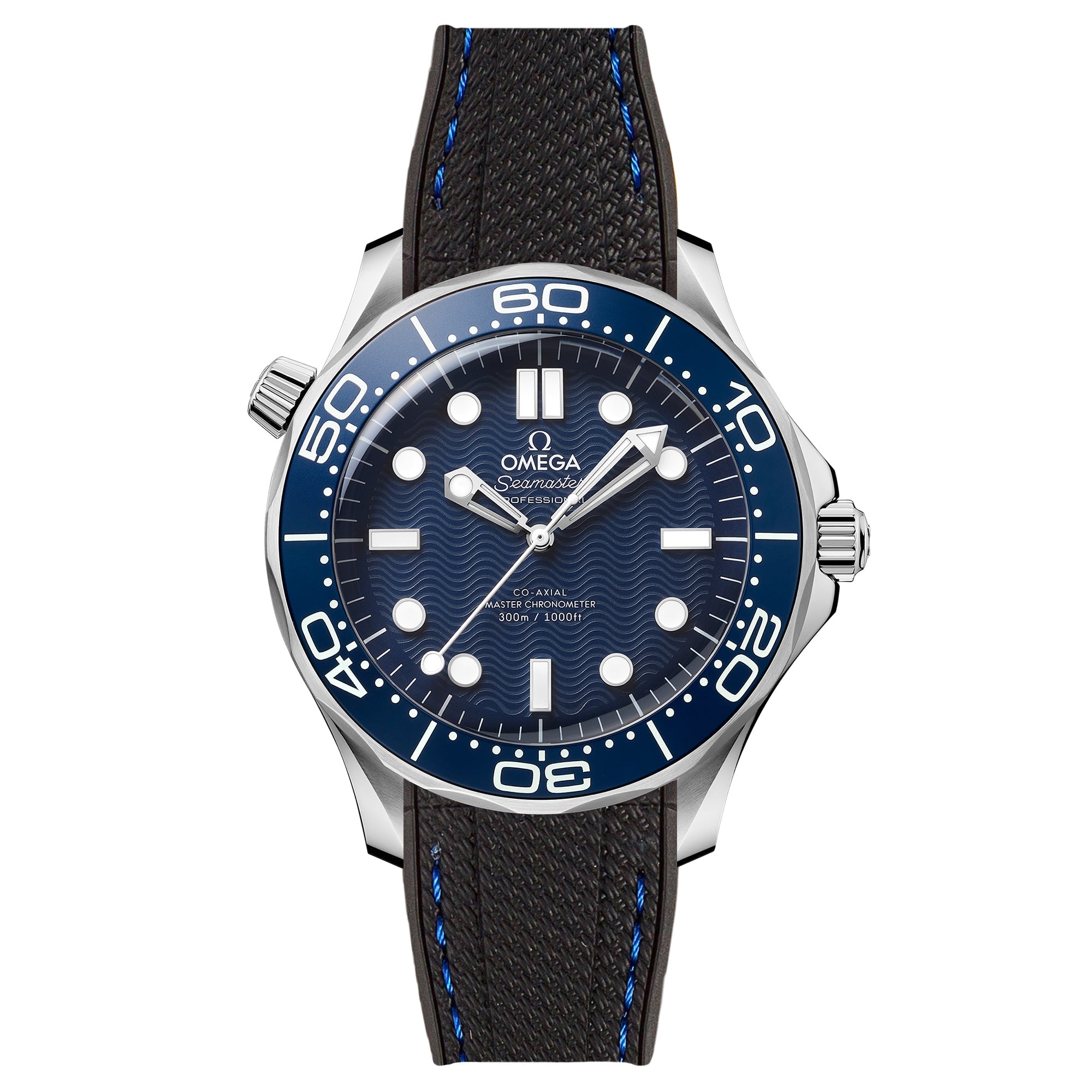 Textured Curved End Rubber Watch Strap for Omega Seamaster Diver 300M James Bond 60th Anniversary - Black with Blue Stitch (2405)
