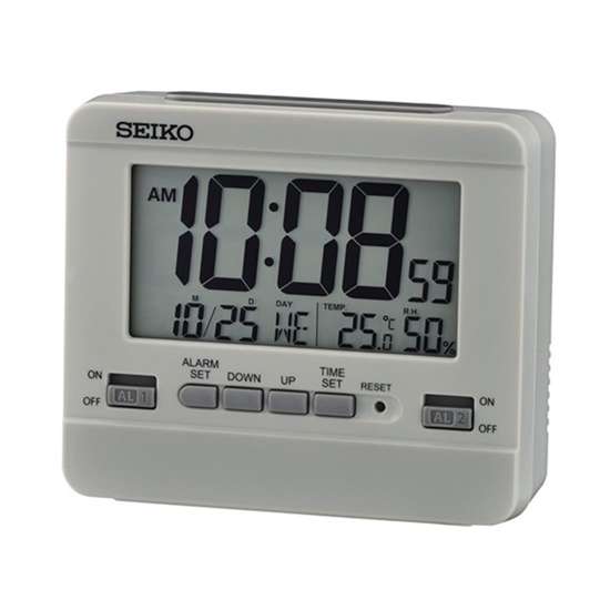 Seiko Digital Grey QHL086N Thermometer Hygrometer Standing Wall Alarm Clock