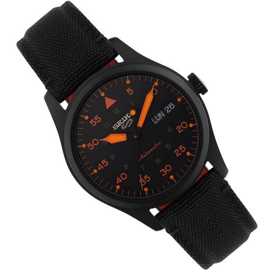 Seiko 5 Sports Flieger SRPH33K1 SRPH33 SRPH33K Black Orange Nylon Watch