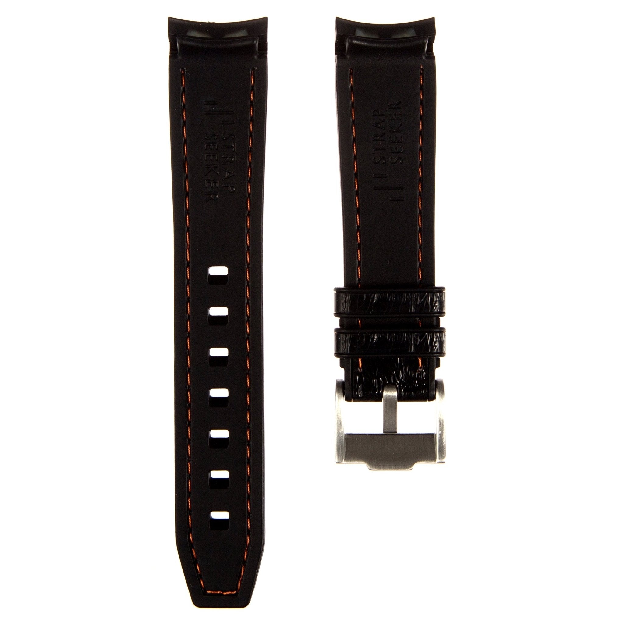 Alligator Embossed Curved End Premium Silicone Strap - Compatible with Rolex Submariner - Black with Orange Stitch (2406) -StrapSeeker