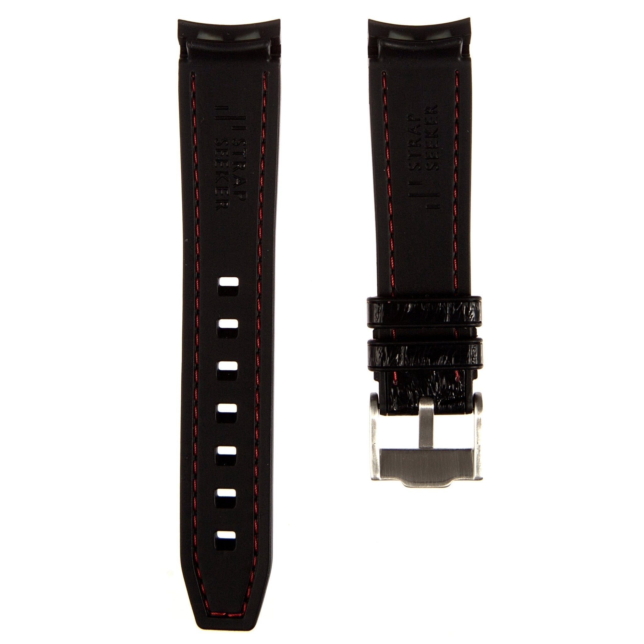 Alligator Embossed Curved End Premium Silicone Strap - Compatible with Rolex Submariner - Black with Red Stitch (2406) -StrapSeeker