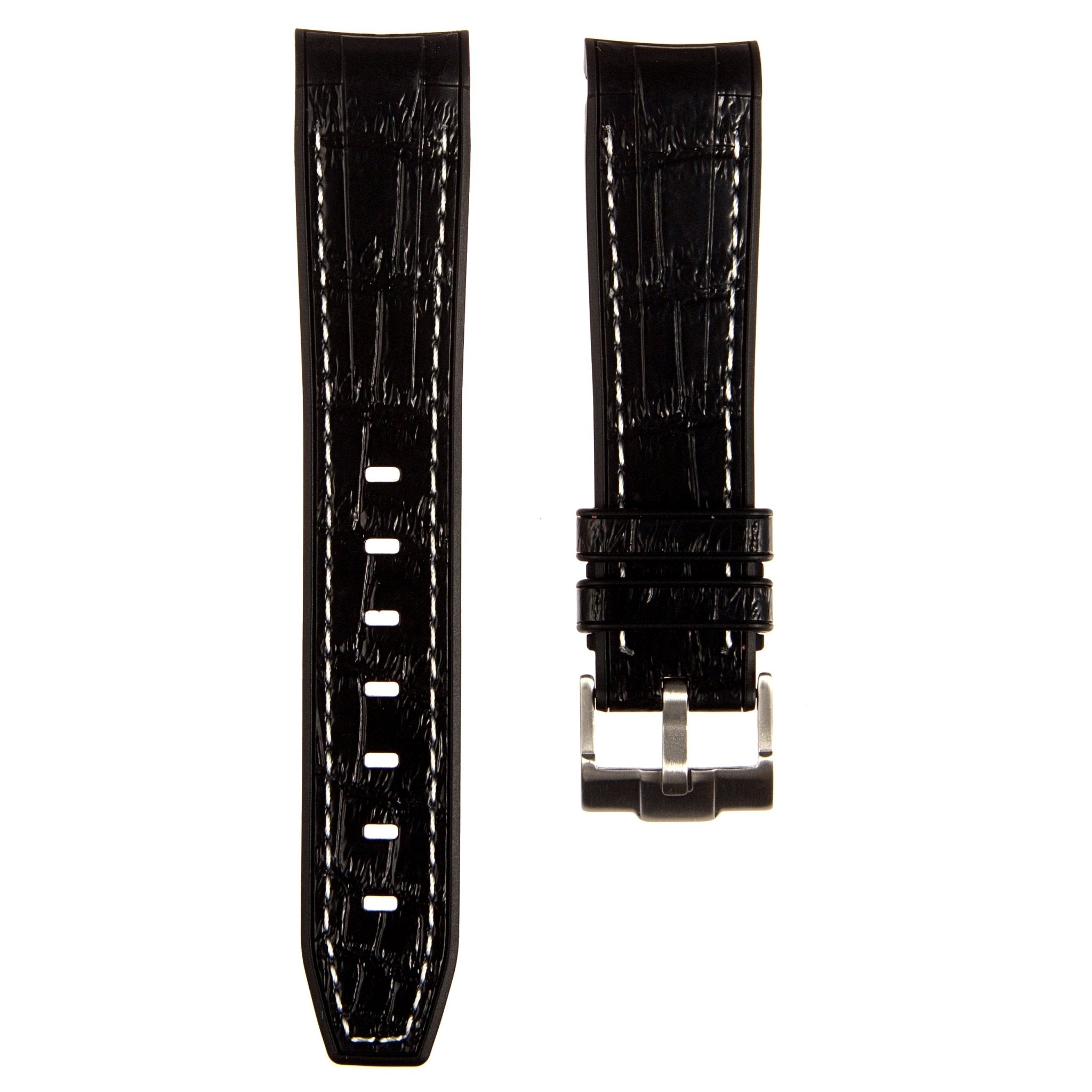 Alligator Embossed Curved End Premium Silicone Strap - Compatible with Rolex Submariner - Black with White Stitch (2406) -StrapSeeker