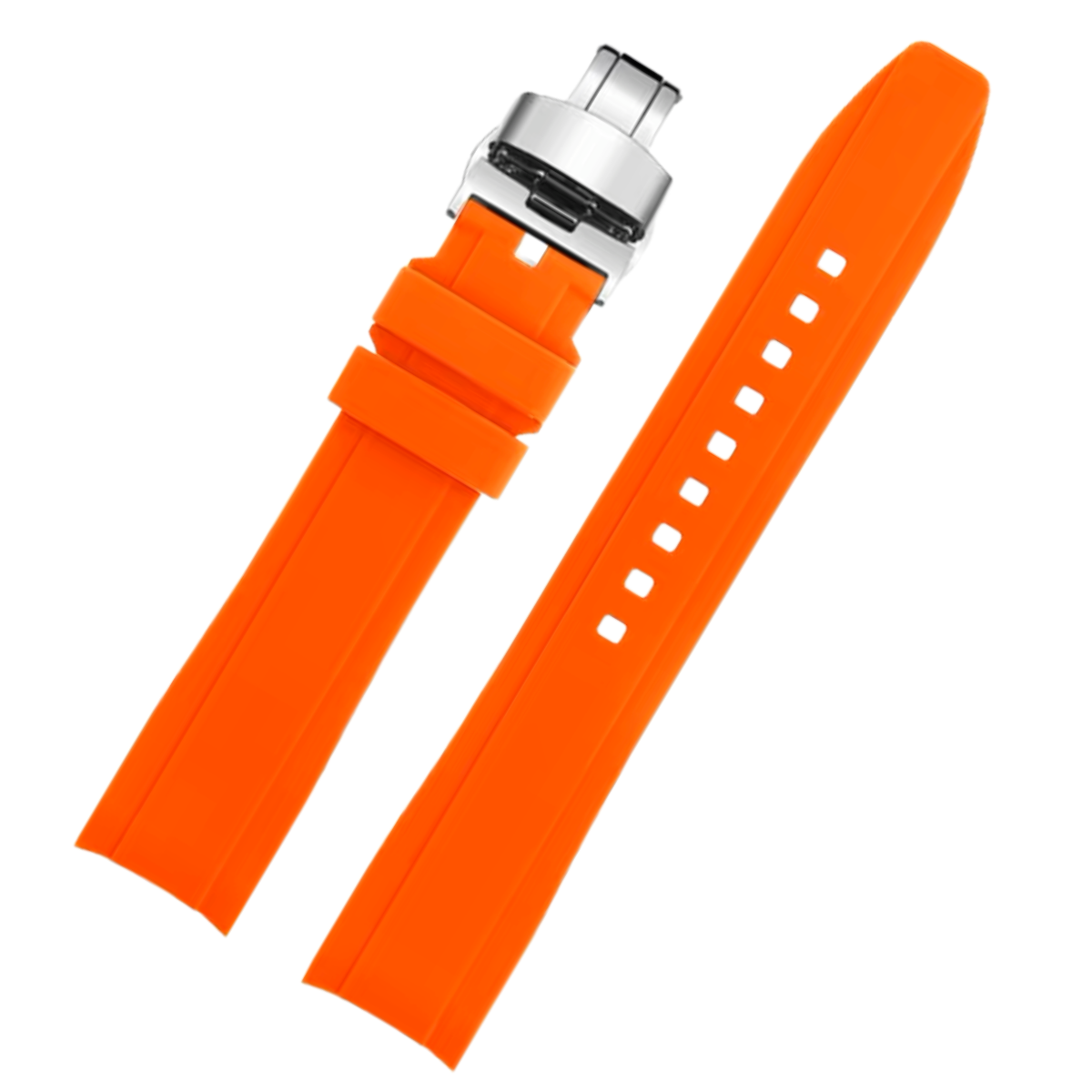 Dexter Silicone Curved Lug End Strap Orange (Silver Deployment Clasp) (Rolex Replacement)