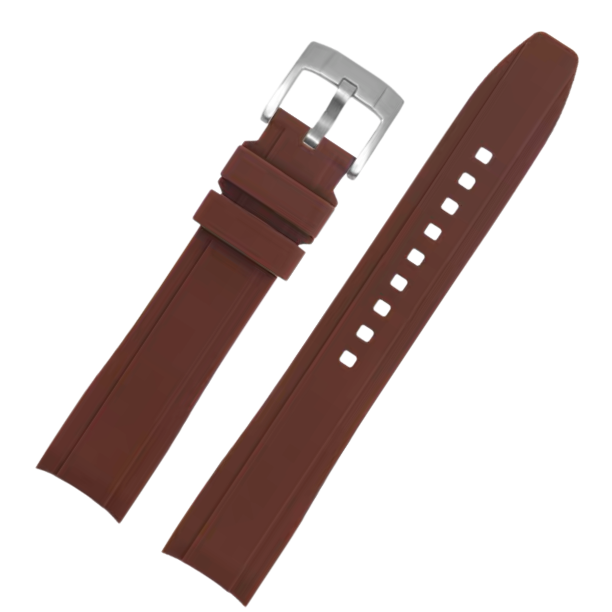 Dexter Silicone Curved Lug End Strap Brown Silver Pin Buckle (Rolex Replacement)