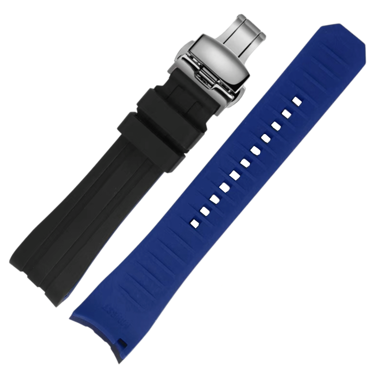 Ames Silicone Quick-Release Curved Lug End Strap Black Blue (Silver Deployment Clasp)