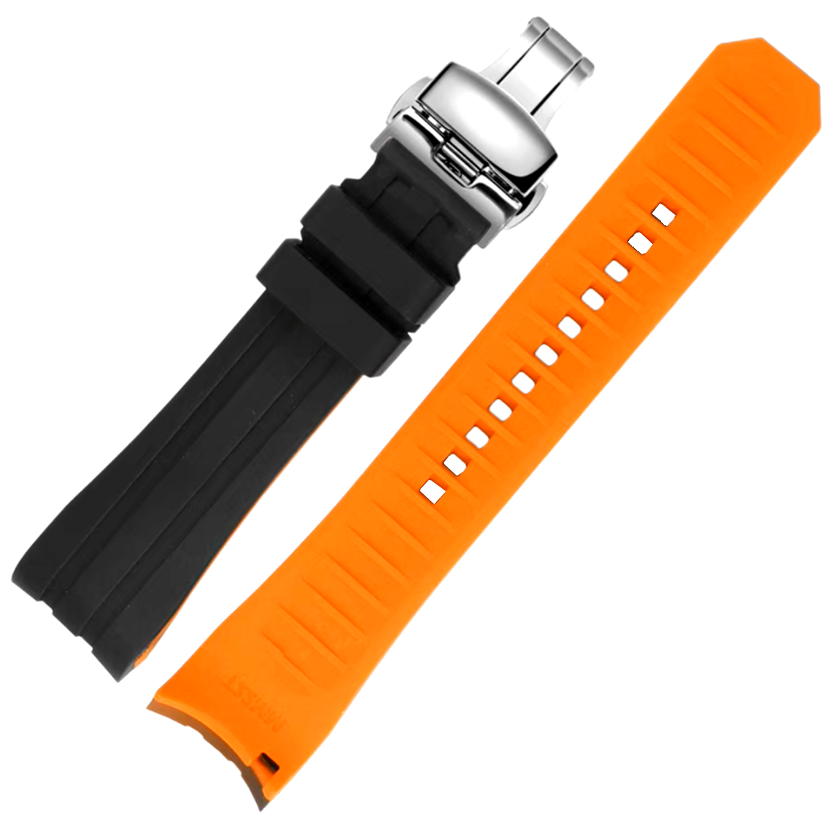 Ames Silicone Quick-Release Curved Lug End Strap Black Orange (Silver Deployment Clasp)