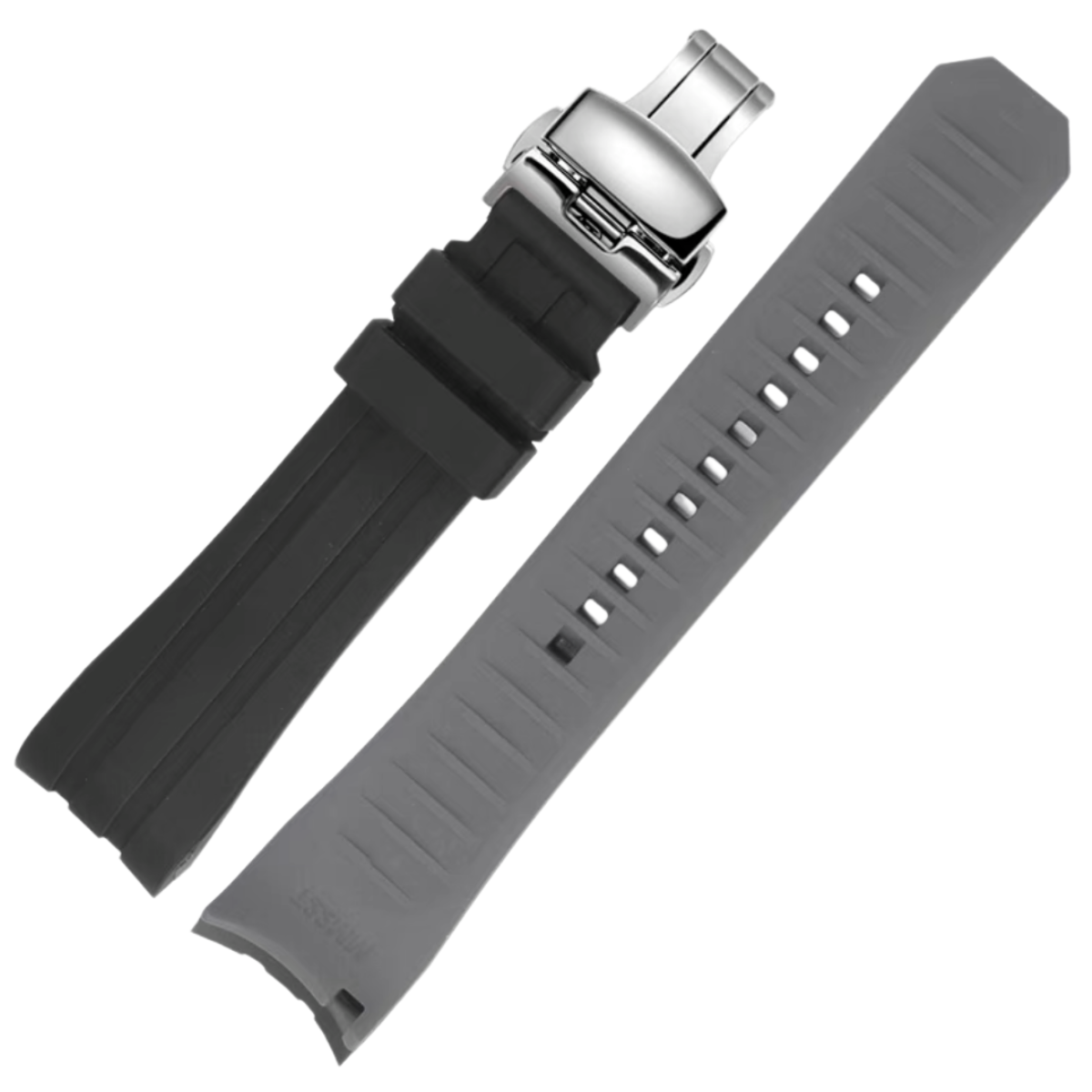 Ames Silicone Quick-Release Curved Lug End Strap Black Grey (Silver Deployment Clasp)