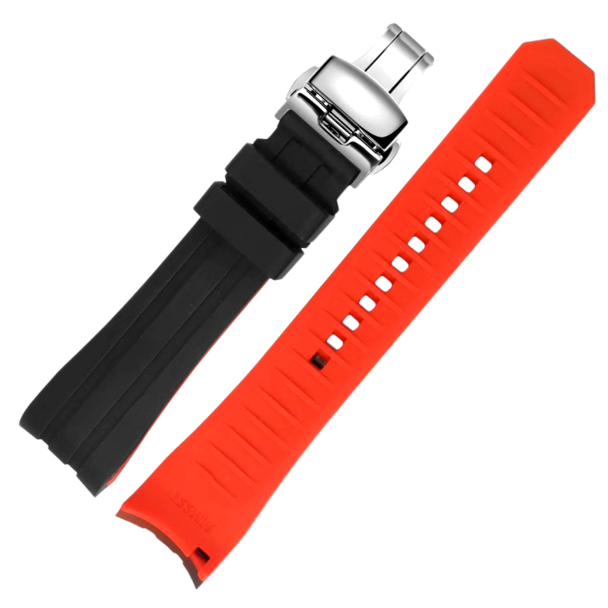 Ames Silicone Quick-Release Curved Lug End Strap Black Red (Silver Deployment Clasp)
